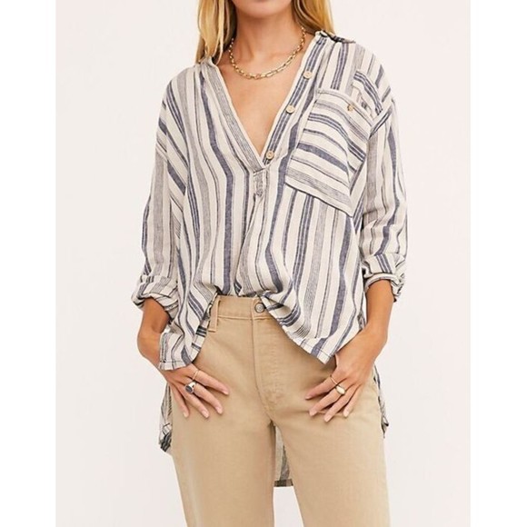Free People Tops - Free People Summer Breeze Stripe Popover Shirt S Small Linen Blend Long Sleeve